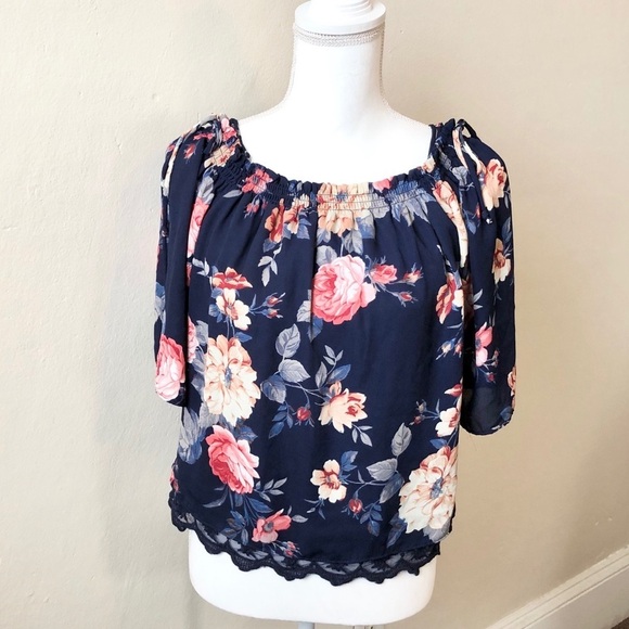iZ Byer Navy Flowy Floral Off Shoulder Top Women’s Medium - Picture 12 of 12